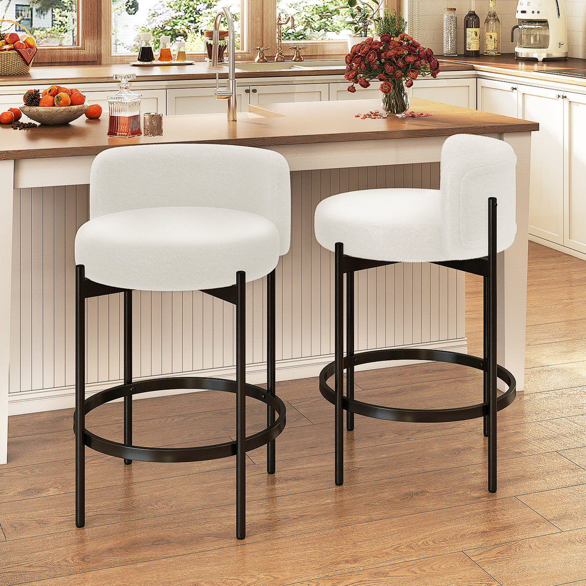 24 Inch Boucle Counter Stools Set of 2 with Curved Backrest-Bar Stools-DECOROLALA