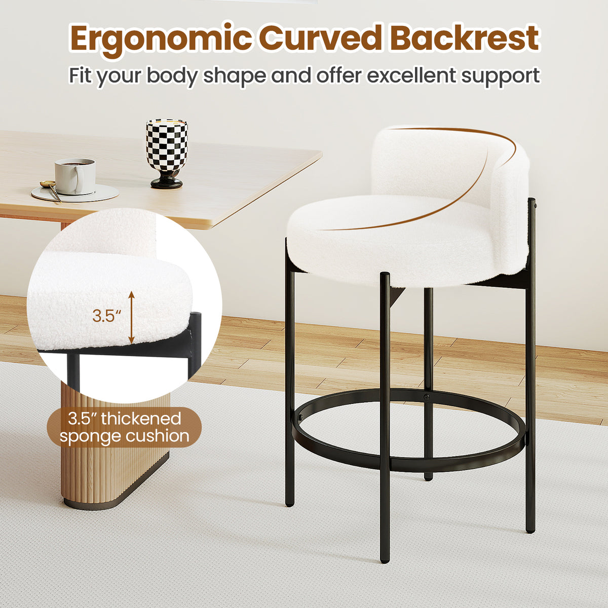 24 Inch Boucle Counter Stools Set of 2 with Curved Backrest-Bar Stools-DECOROLALA