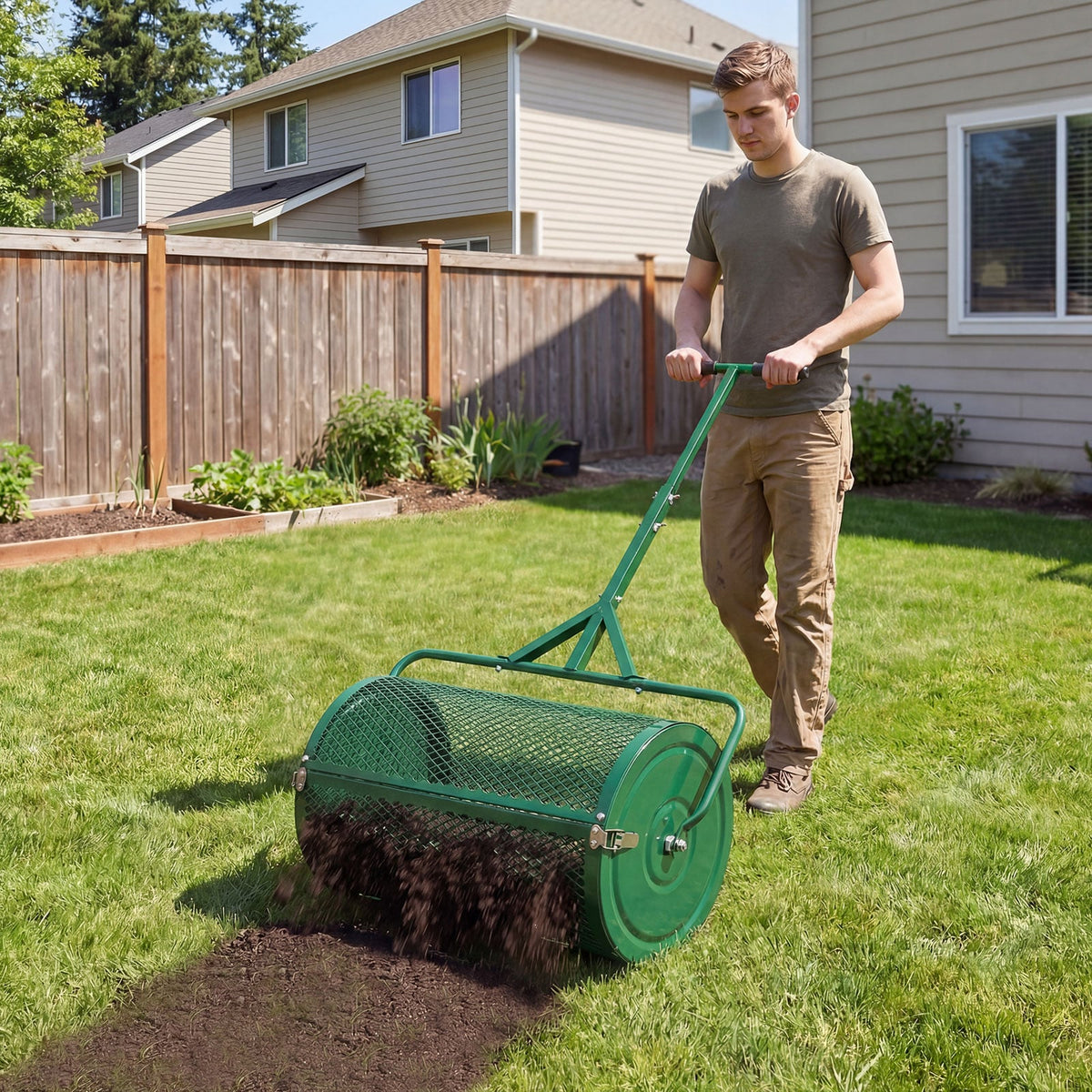 24 Inch Compost Spreader Peat Moss Spreader Roller with Height-Adjustable T-Shaped Handle-Green-Lawn Care Tools-DECOROLALA