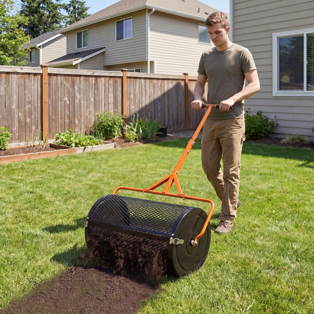 24 Inch Compost Spreader Peat Moss Spreader Roller with Height-Adjustable T-Shaped Handle-Orange-Lawn Care Tools-DECOROLALA