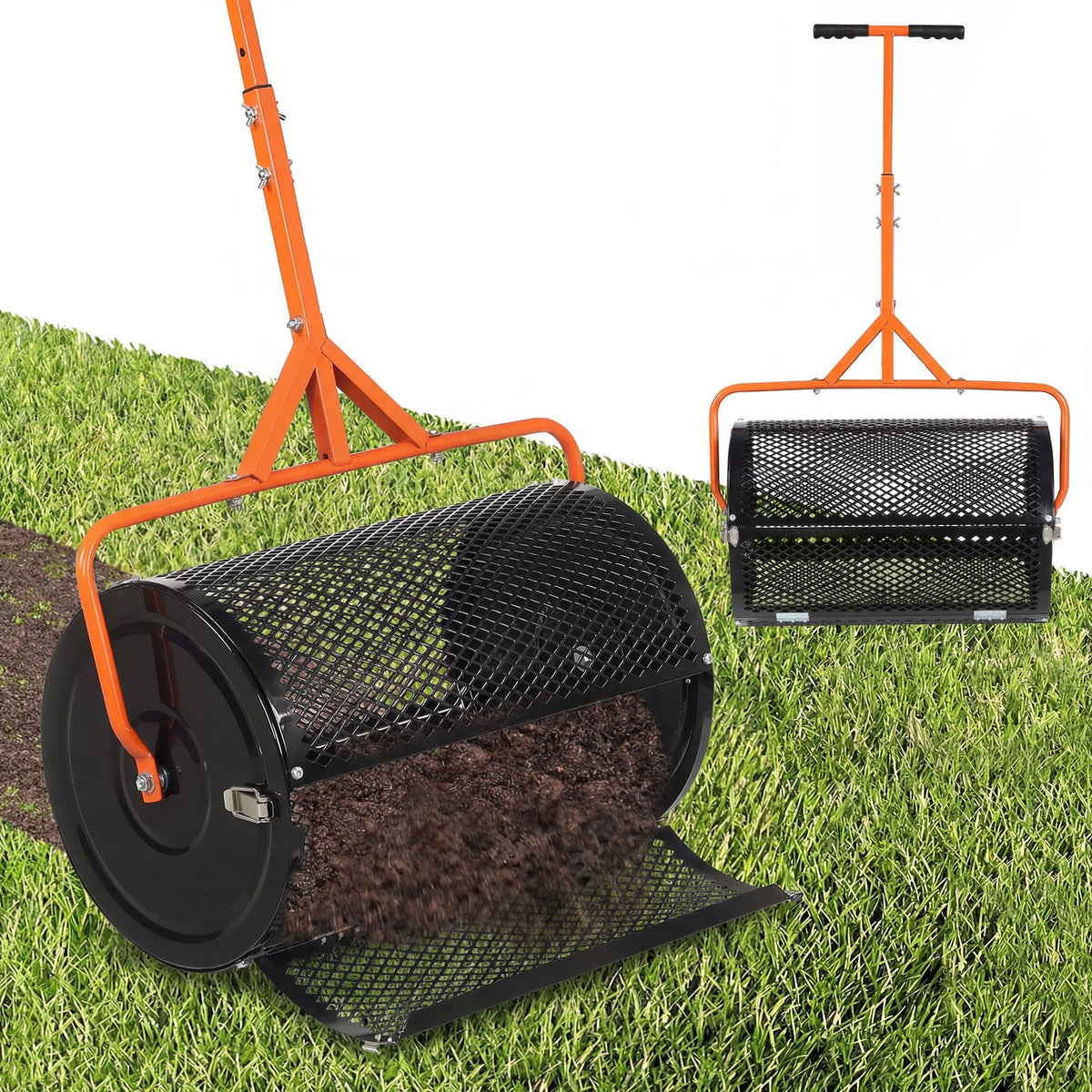 24 Inch Compost Spreader Peat Moss Spreader Roller with Height-Adjustable T-Shaped Handle-Orange-Lawn Care Tools-DECOROLALA