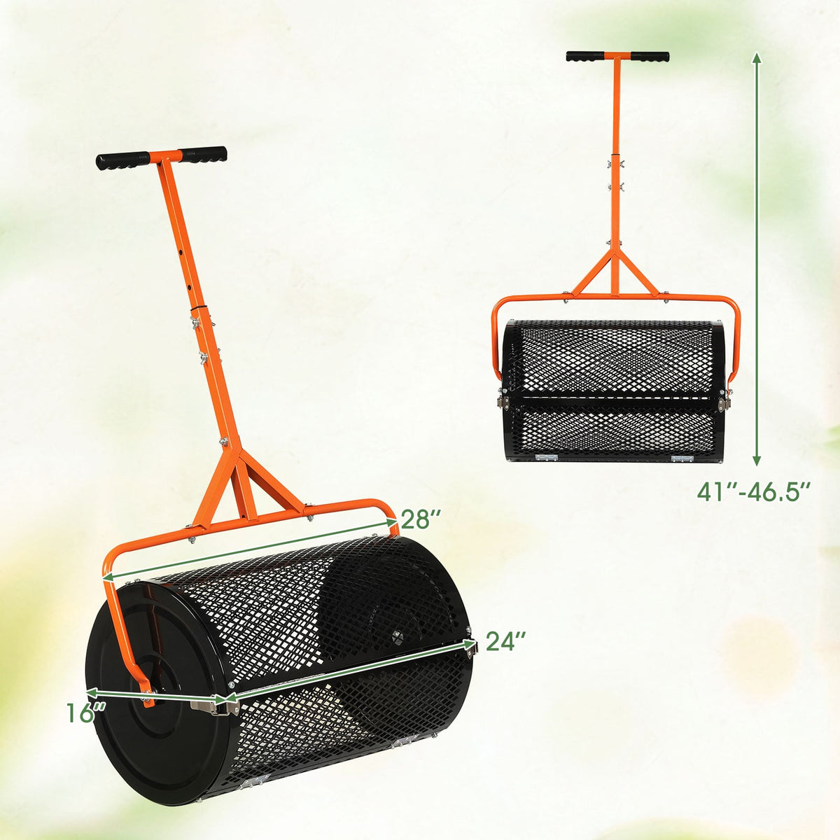 24 Inch Compost Spreader Peat Moss Spreader Roller with Height-Adjustable T-Shaped Handle-Orange-Lawn Care Tools-DECOROLALA