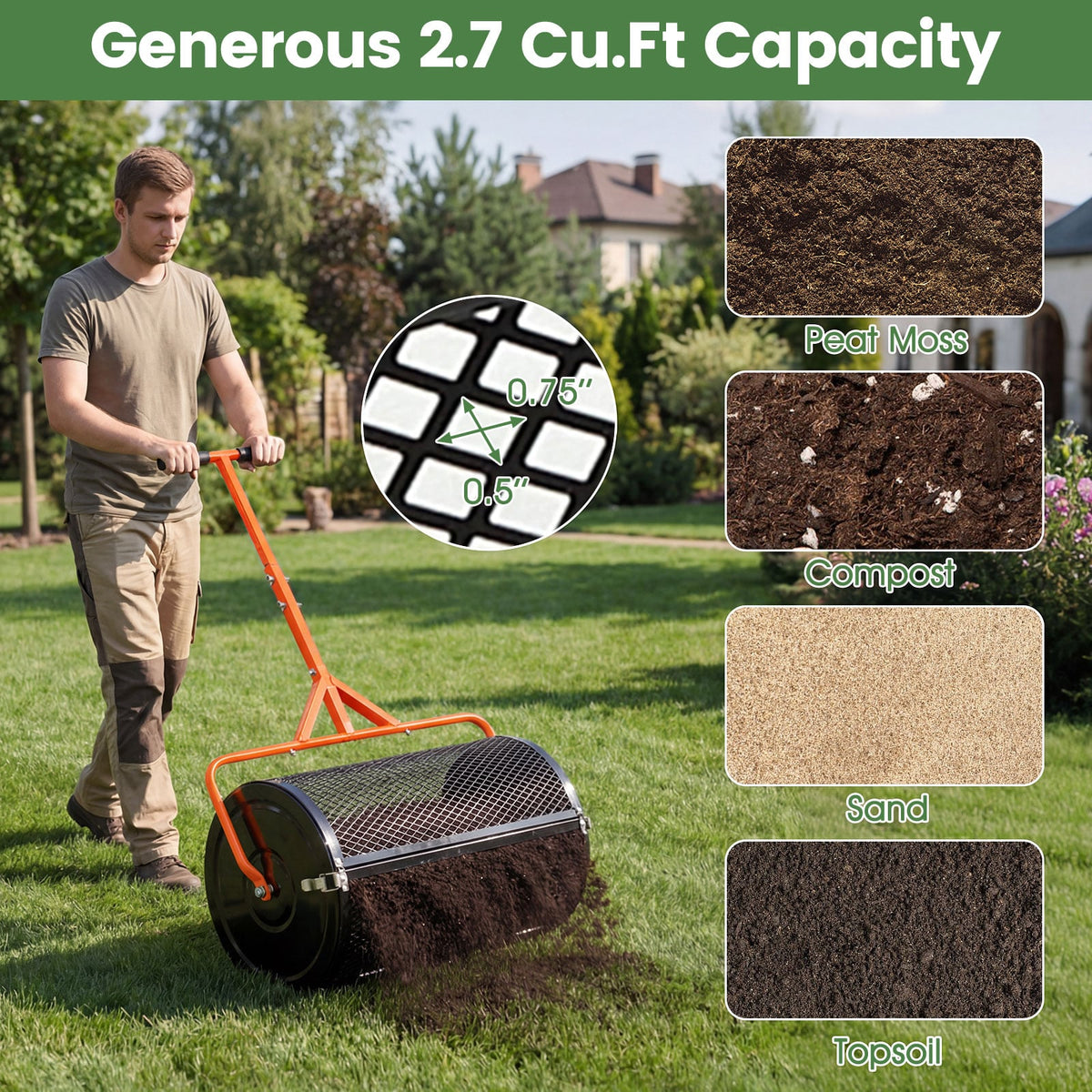 24 Inch Compost Spreader Peat Moss Spreader Roller with Height-Adjustable T-Shaped Handle-Orange-Lawn Care Tools-DECOROLALA