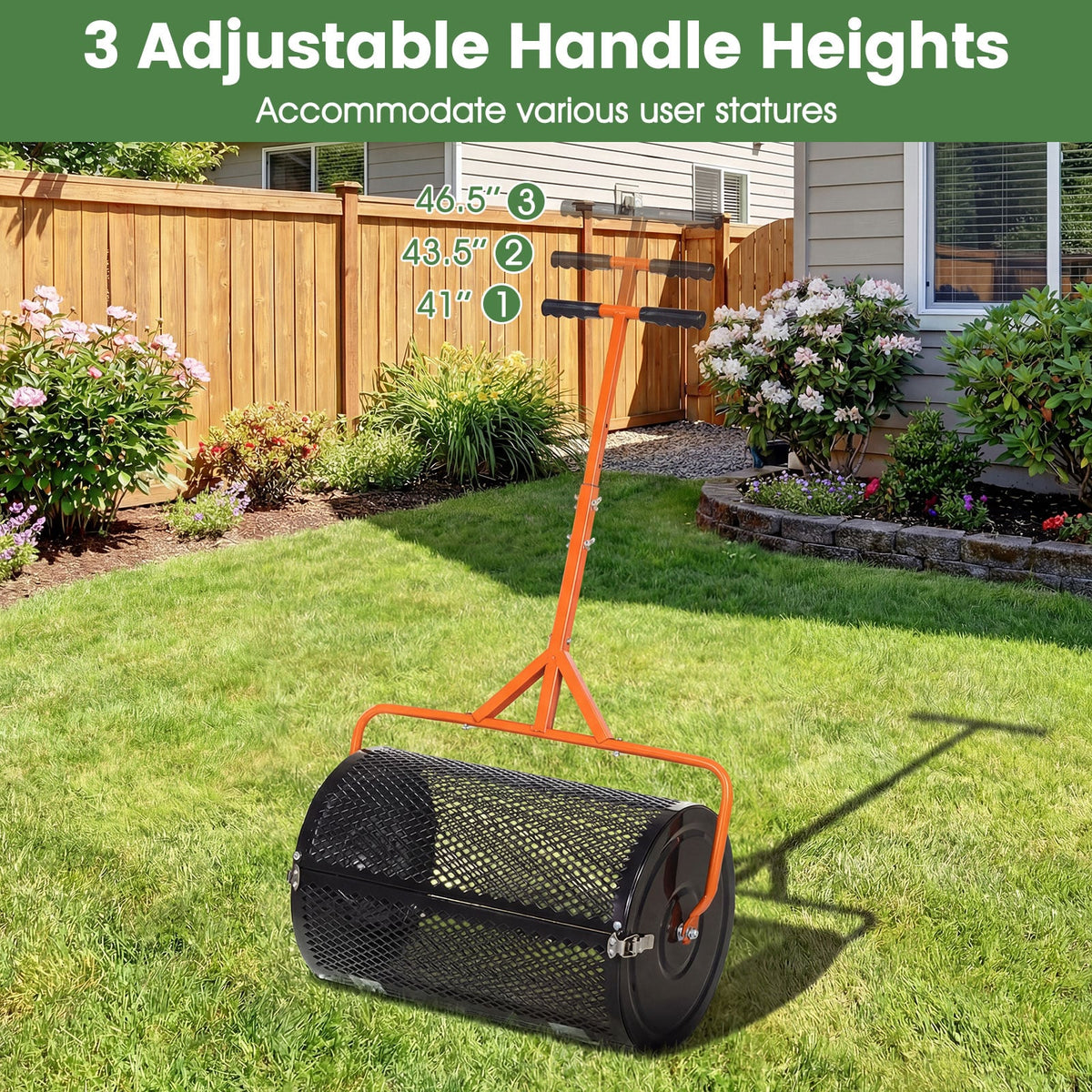 24 Inch Compost Spreader Peat Moss Spreader Roller with Height-Adjustable T-Shaped Handle-Orange-Lawn Care Tools-DECOROLALA