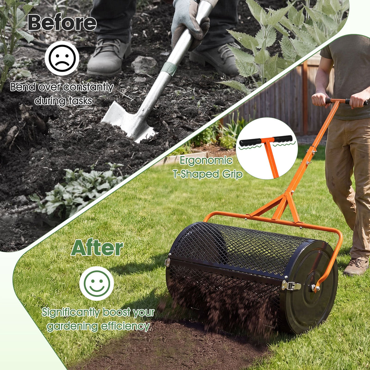 24 Inch Compost Spreader Peat Moss Spreader Roller with Height-Adjustable T-Shaped Handle-Orange-Lawn Care Tools-DECOROLALA