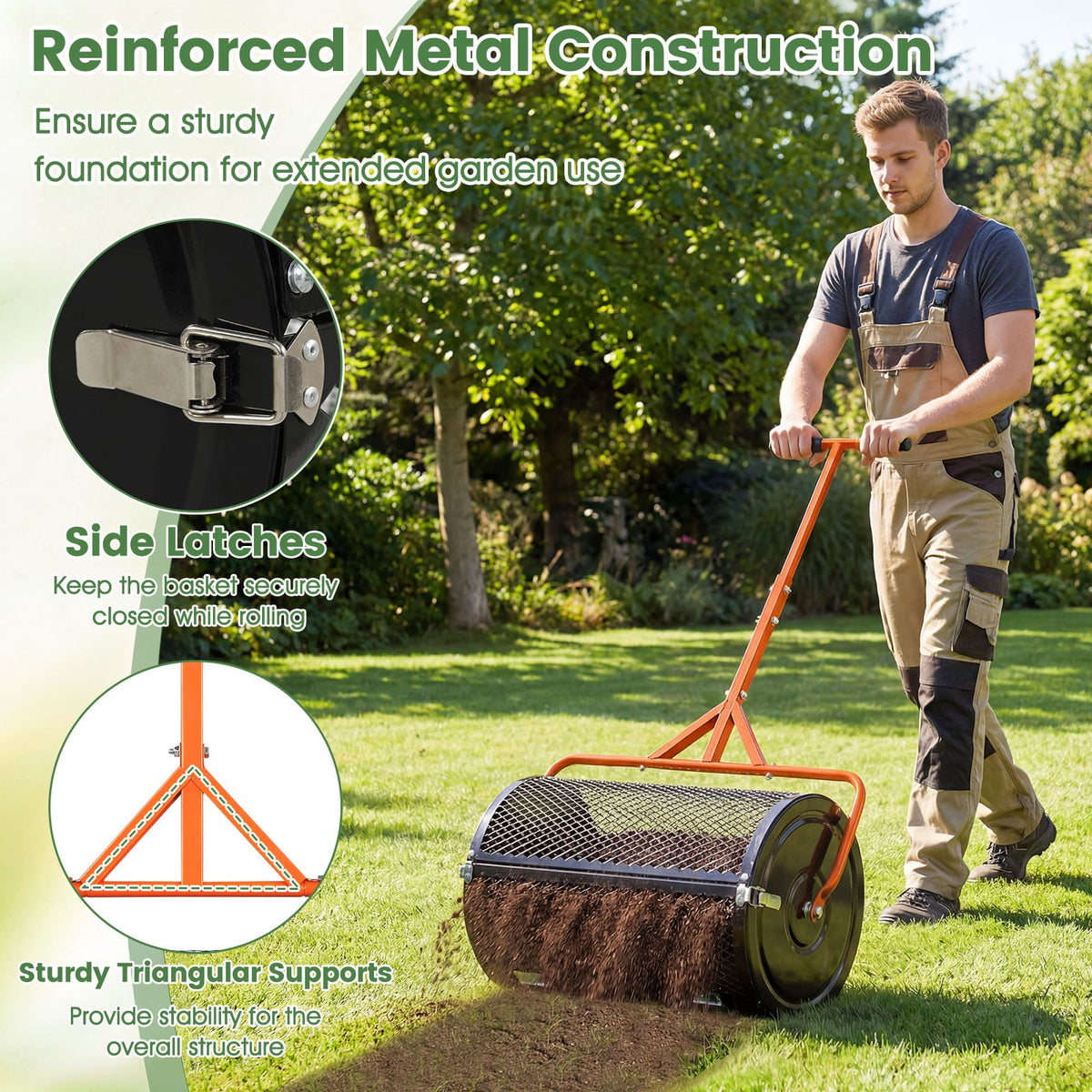 24 Inch Compost Spreader Peat Moss Spreader Roller with Height-Adjustable T-Shaped Handle-Orange-Lawn Care Tools-DECOROLALA
