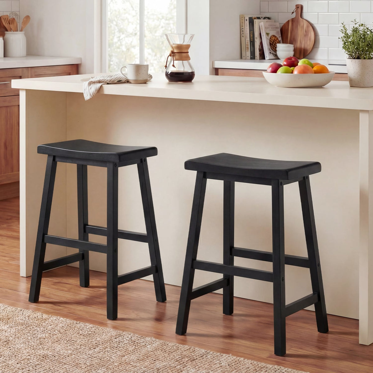 24 Inch Counter Height Stools Solid Wood Saddle Bar Stools Set of 2-Black-Bar Stools-DECOROLALA