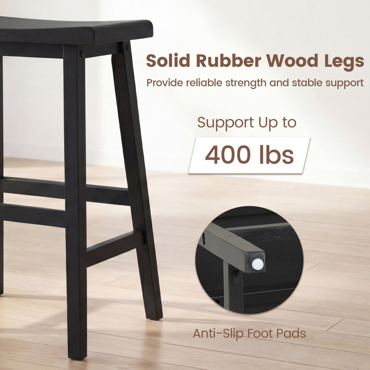 24 Inch Counter Height Stools Solid Wood Saddle Bar Stools Set of 2-Black-Bar Stools-DECOROLALA