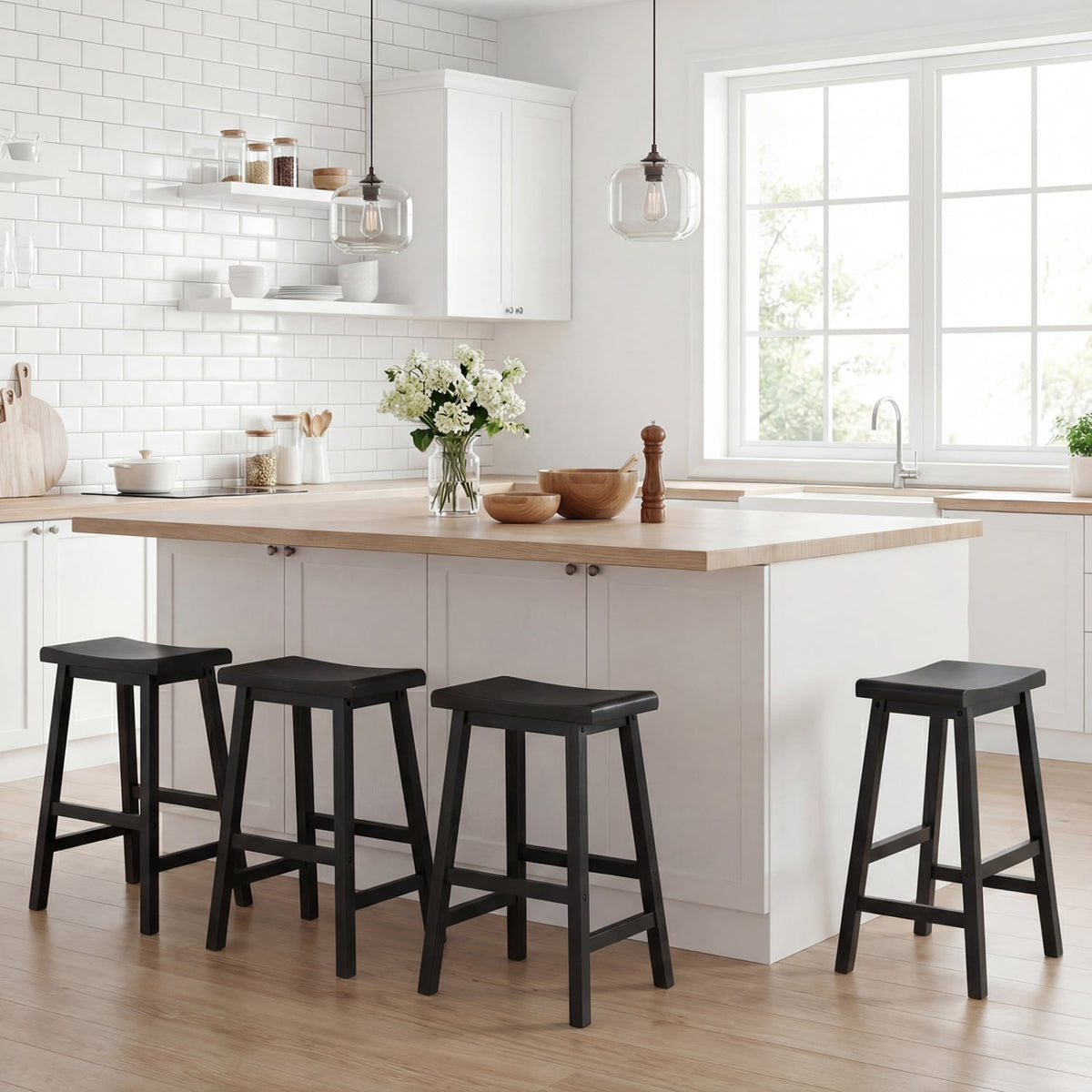 24 Inch Counter Height Stools Solid Wood Saddle Bar Stools Set of 2-Black-Bar Stools-DECOROLALA