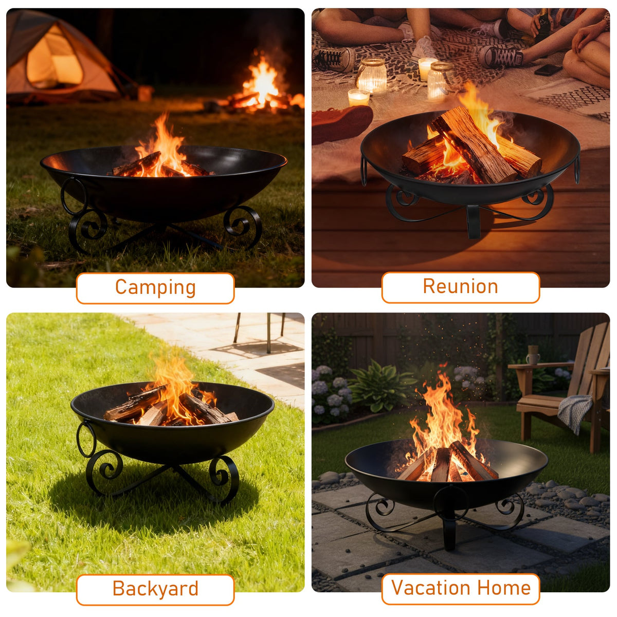 24 Inch Heavy-Duty Metal Fire Pit Bowl Outdoor Wood-Burning Firepit with Handles-Fire Pits-DECOROLALA