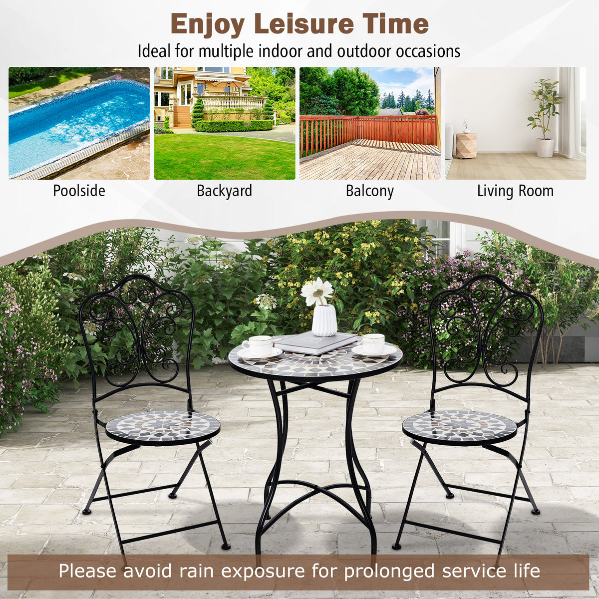 24 Inch Patio Bistro Table with Ceramic Tile Tabletop-Black-Patio Coffee Tables-DECOROLALA