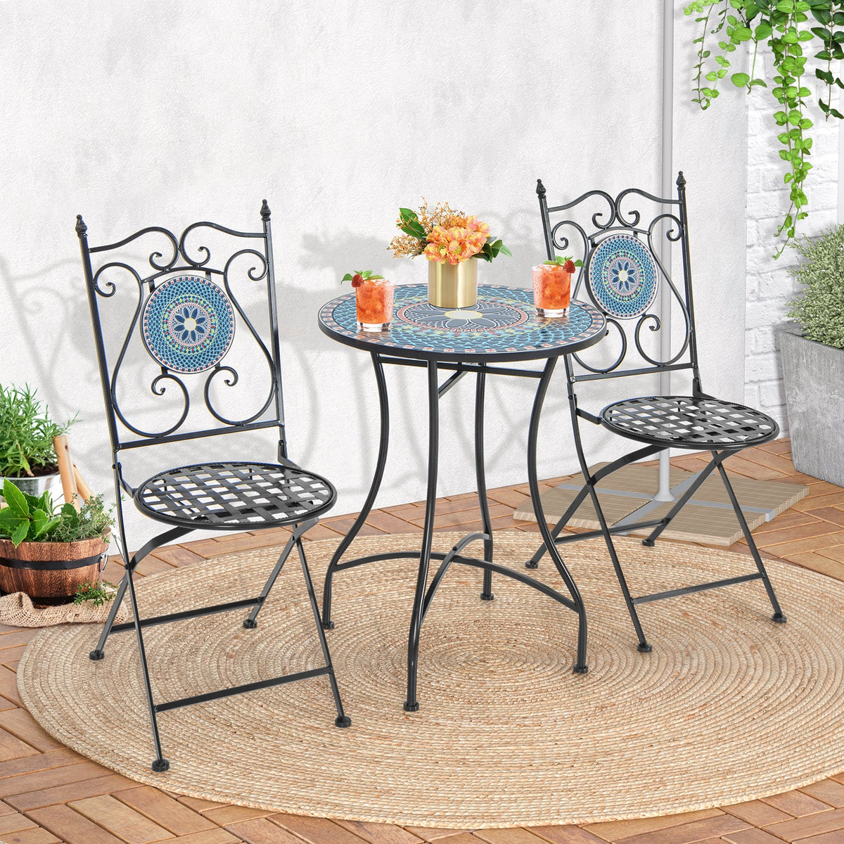 24 Inch Patio Bistro Table with Ceramic Tile Tabletop-Multicolor-Patio Coffee Tables-DECOROLALA