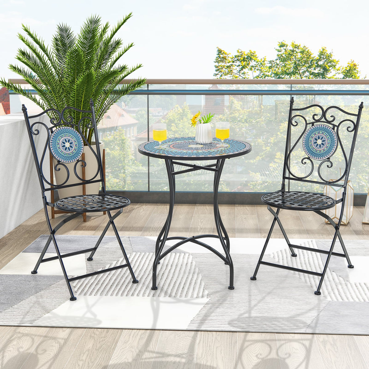 24 Inch Patio Bistro Table with Ceramic Tile Tabletop-Multicolor-Patio Coffee Tables-DECOROLALA