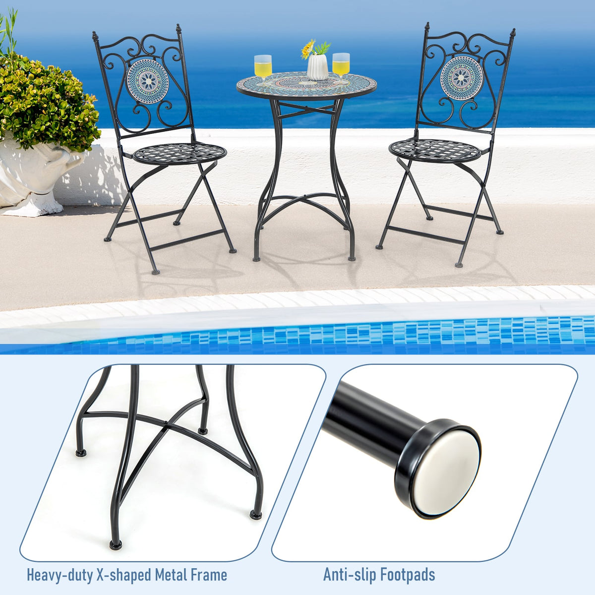 24 Inch Patio Bistro Table with Ceramic Tile Tabletop-Multicolor-Patio Coffee Tables-DECOROLALA