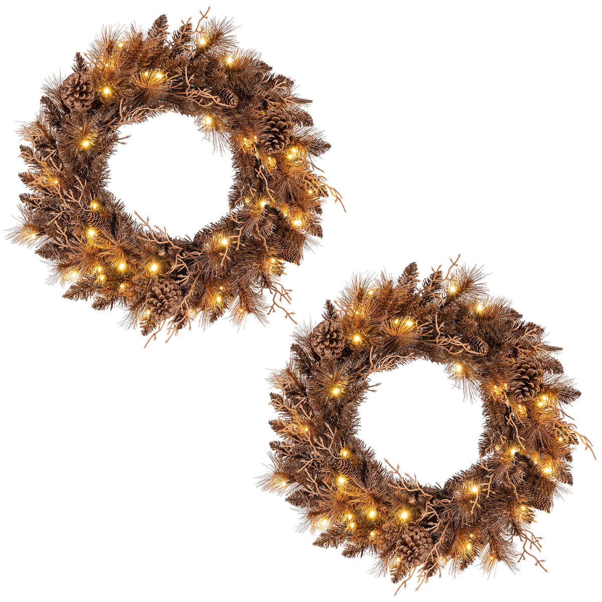 24 Inch Pre-lit Christmas Wreath with 105 Branch Tips and 35 Warm White LED Lights-2 pieces-Christmas Decorations & Accessories-DECOROLALA
