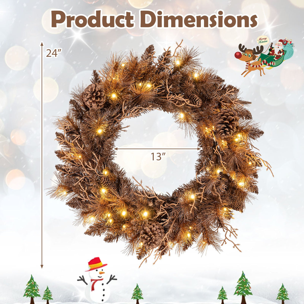 24 Inch Pre-lit Christmas Wreath with 105 Branch Tips and 35 Warm White LED Lights-2 pieces-Christmas Decorations & Accessories-DECOROLALA