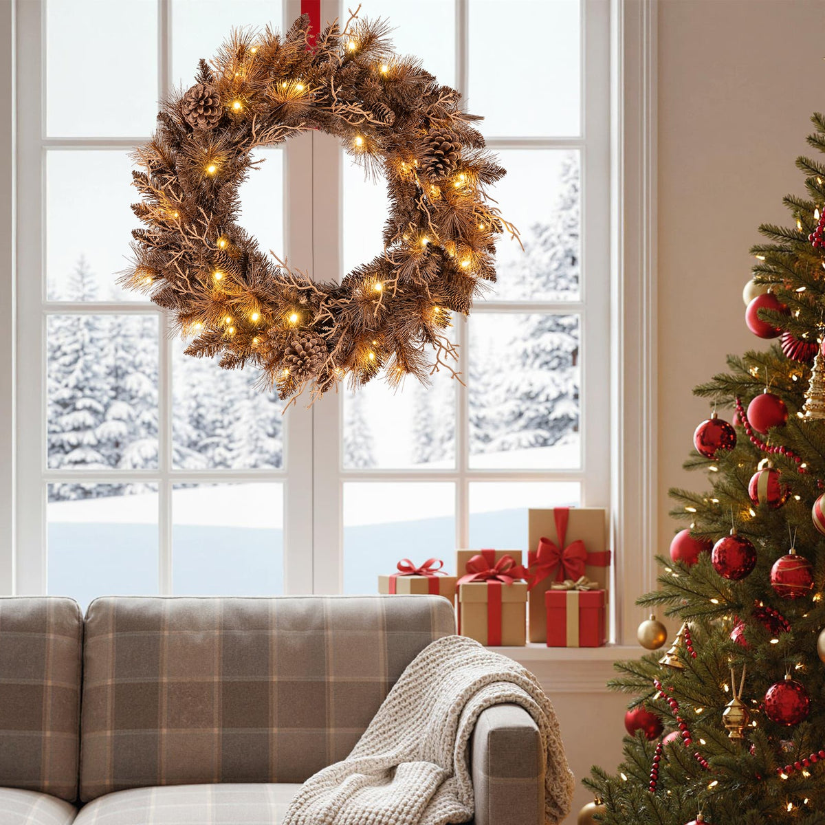 24 Inch Pre-lit Christmas Wreath with 105 Branch Tips and 35 Warm White LED Lights-2 pieces-Christmas Decorations & Accessories-DECOROLALA