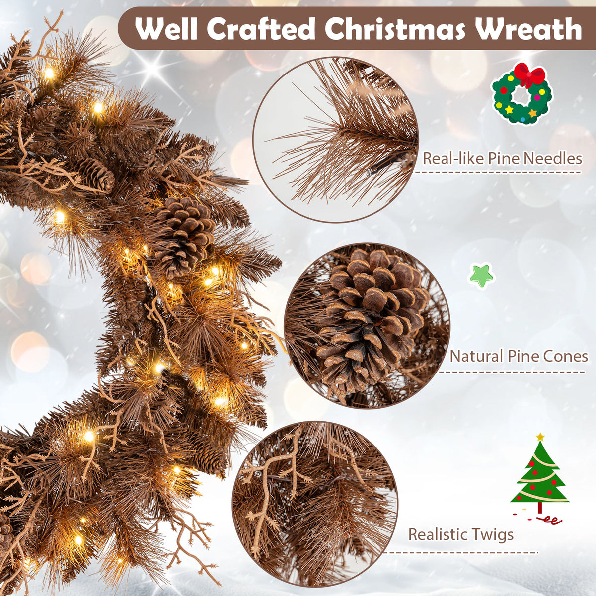24 Inch Pre-lit Christmas Wreath with 105 Branch Tips and 35 Warm White LED Lights-2 pieces-Christmas Decorations & Accessories-DECOROLALA