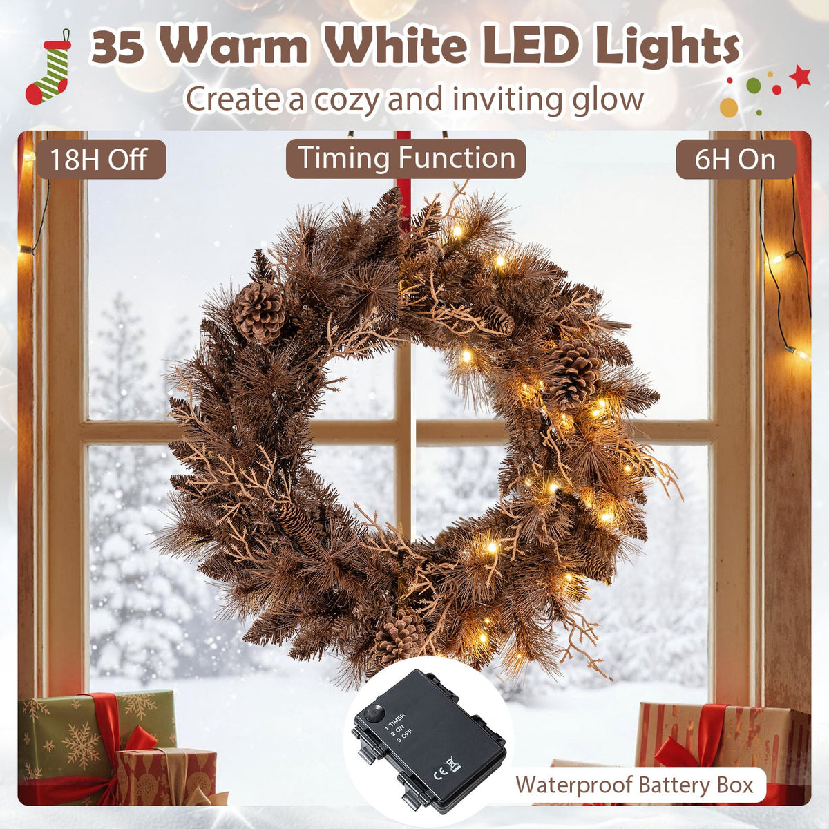 24 Inch Pre-lit Christmas Wreath with 105 Branch Tips and 35 Warm White LED Lights-2 pieces-Christmas Decorations & Accessories-DECOROLALA