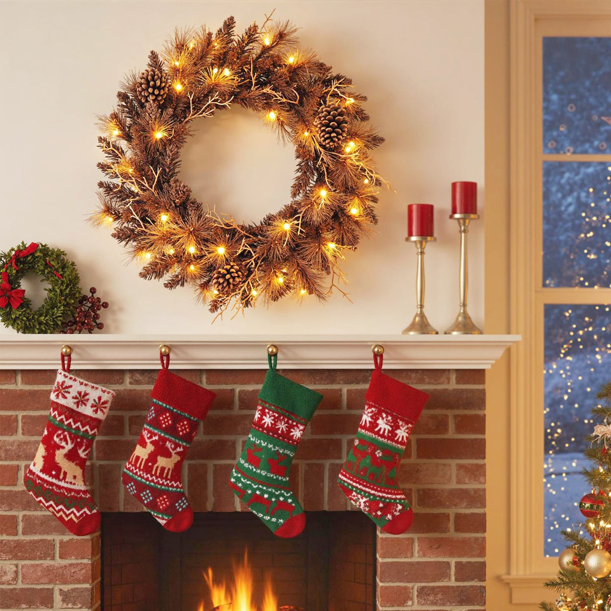 24 Inch Pre-lit Christmas Wreath with 105 Branch Tips and 35 Warm White LED Lights-2 pieces-Christmas Decorations & Accessories-DECOROLALA