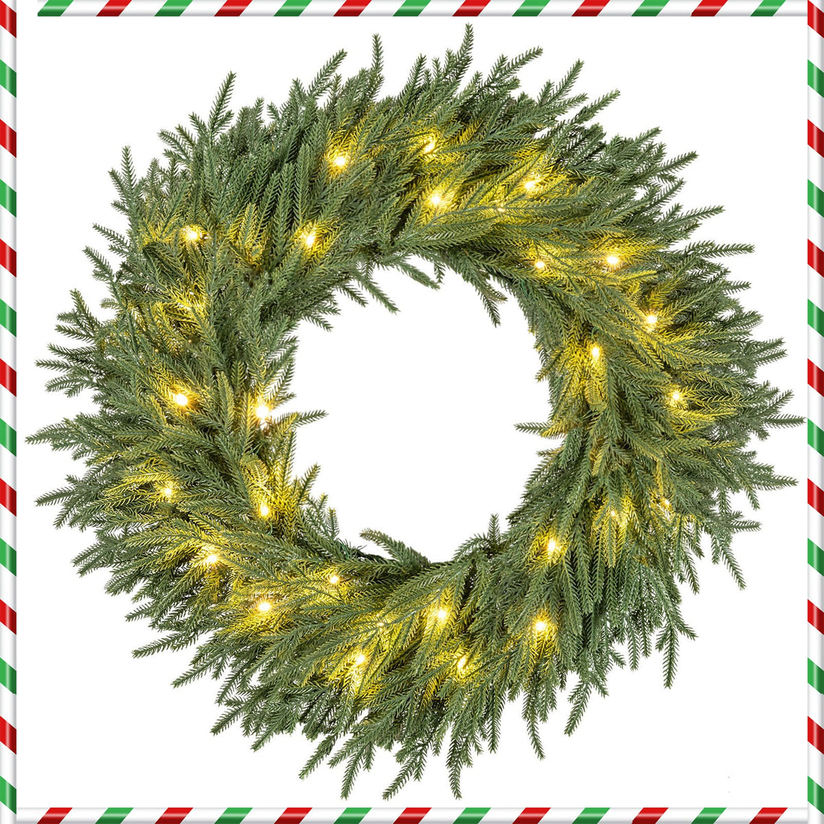 24 Inch Pre-lit Christmas Wreath with 108 Branch Tips and 35 Warm White LED Lights for Wall Window-1 piece-Christmas Decorations & Accessories-DECOROLALA