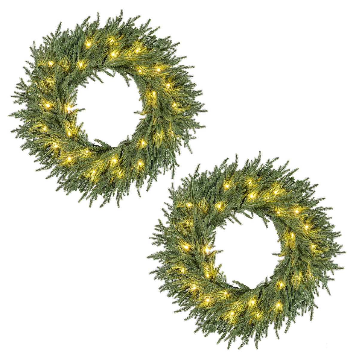 24 Inch Pre-lit Christmas Wreath with 108 Branch Tips and 35 Warm White LED Lights for Wall Window-2 piece-Christmas Decorations & Accessories-DECOROLALA