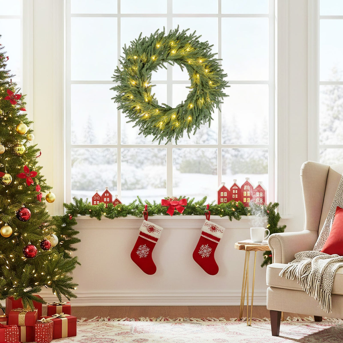 24 Inch Pre-lit Christmas Wreath with 108 Branch Tips and 35 Warm White LED Lights for Wall Window-2 piece-Christmas Decorations & Accessories-DECOROLALA