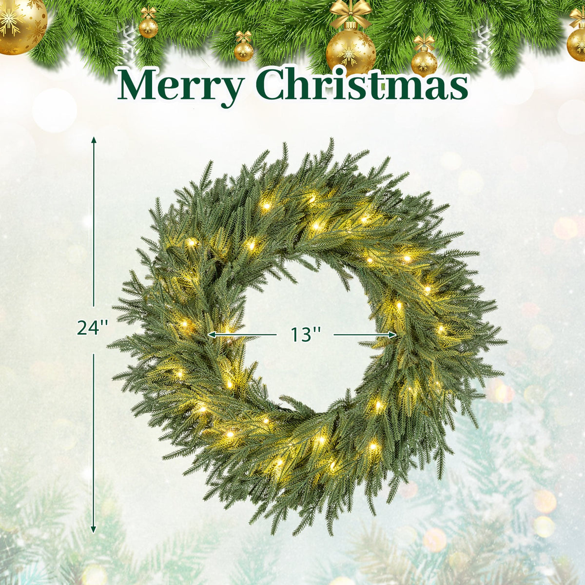 24 Inch Pre-lit Christmas Wreath with 108 Branch Tips and 35 Warm White LED Lights for Wall Window-2 piece-Christmas Decorations & Accessories-DECOROLALA
