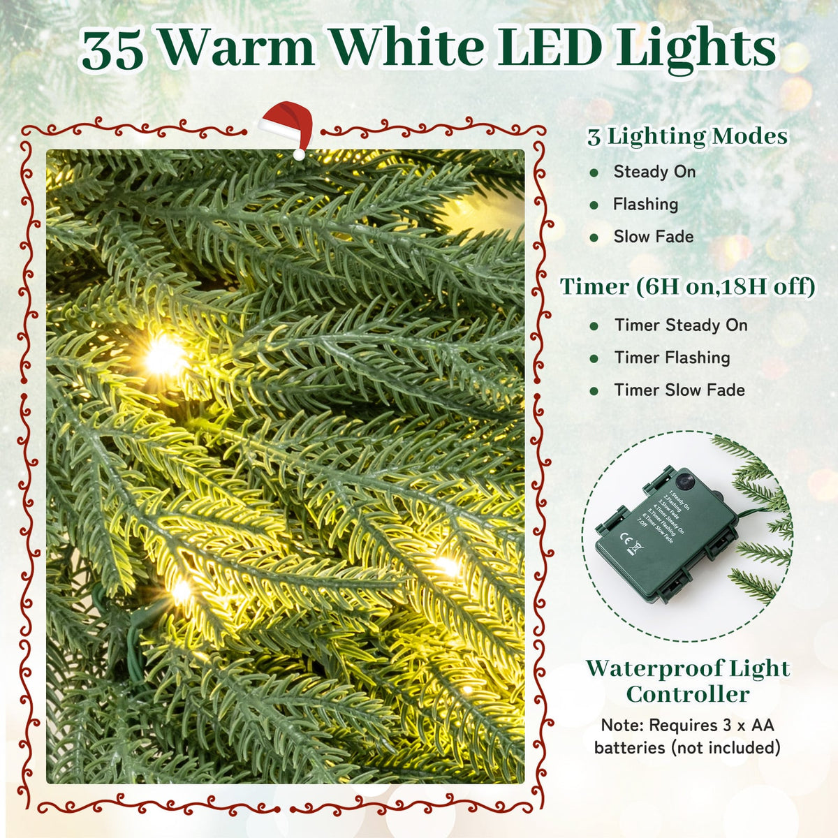 24 Inch Pre-lit Christmas Wreath with 108 Branch Tips and 35 Warm White LED Lights for Wall Window-2 piece-Christmas Decorations & Accessories-DECOROLALA