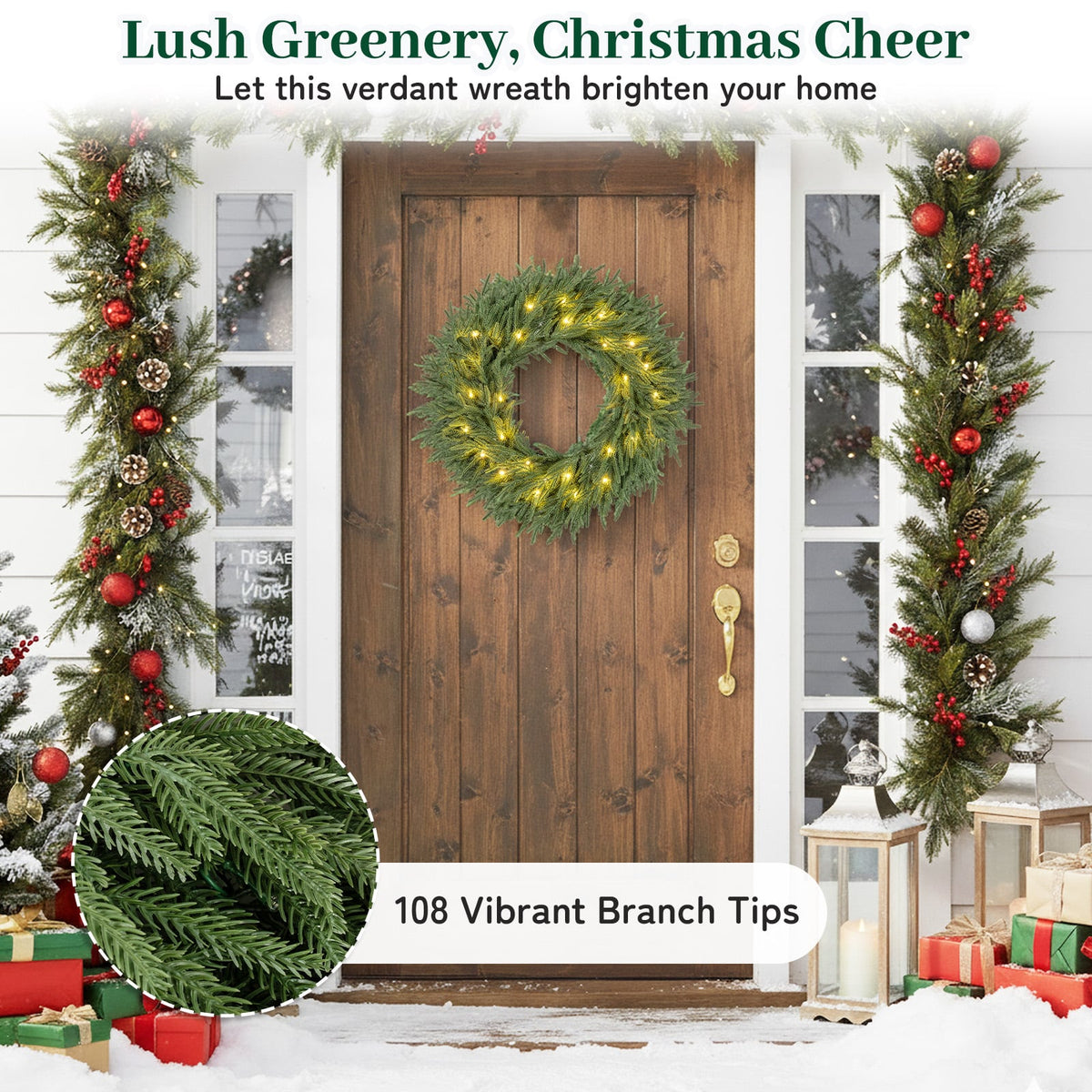24 Inch Pre-lit Christmas Wreath with 108 Branch Tips and 35 Warm White LED Lights for Wall Window-2 piece-Christmas Decorations & Accessories-DECOROLALA