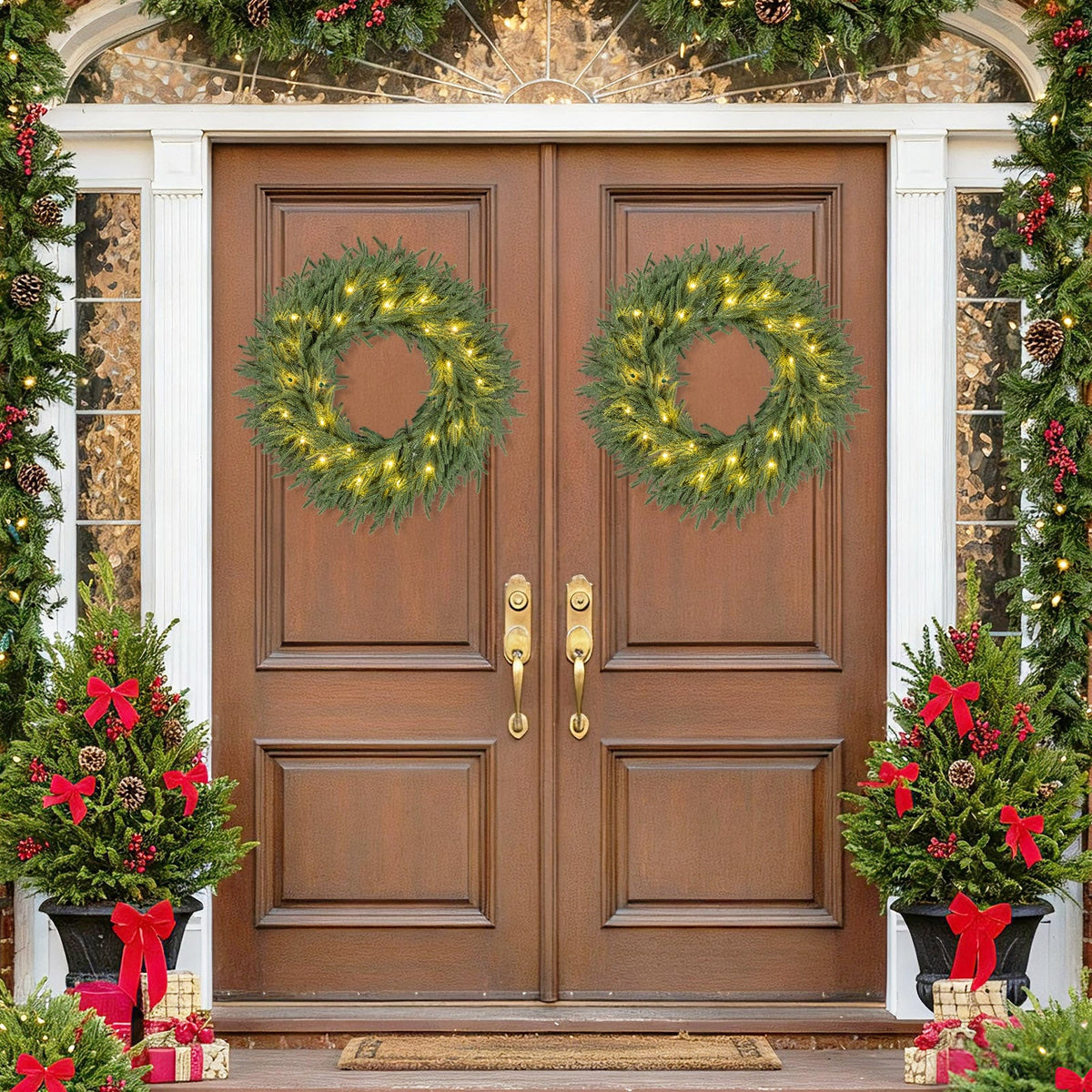 24 Inch Pre-lit Christmas Wreath with 108 Branch Tips and 35 Warm White LED Lights for Wall Window-2 piece-Christmas Decorations & Accessories-DECOROLALA