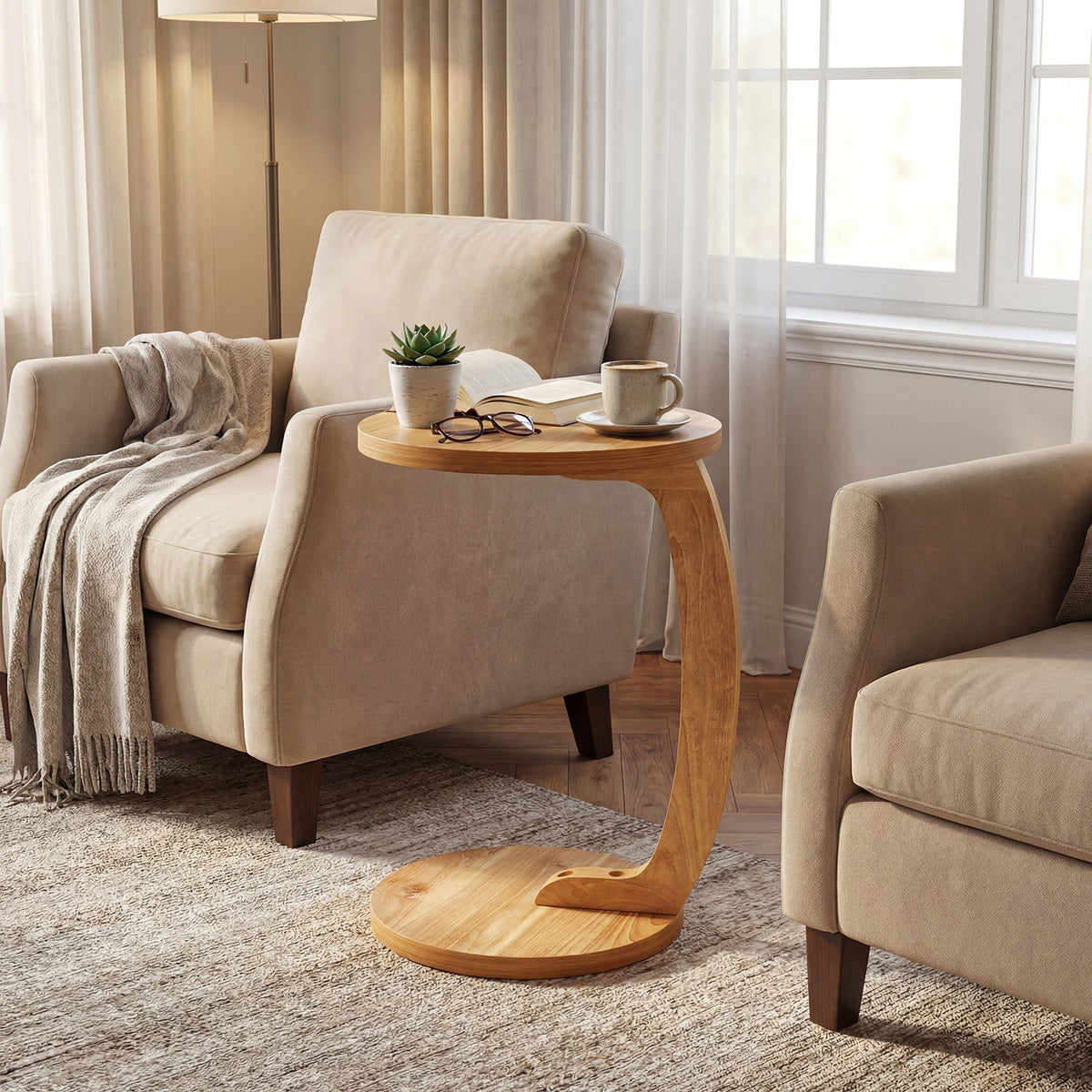 24 Inch Round C-shaped Side Table with Thickened Top and Sturdy Base-End & Side Tables-DECOROLALA