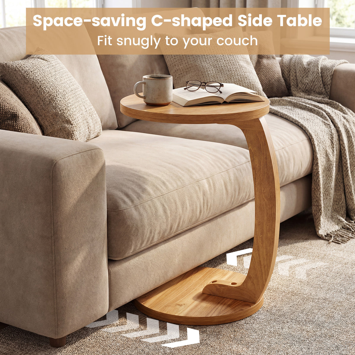 24 Inch Round C-shaped Side Table with Thickened Top and Sturdy Base-End & Side Tables-DECOROLALA