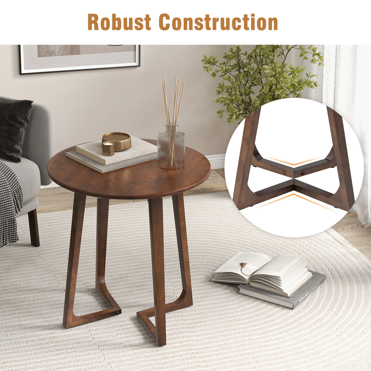 24 Inch Round End Table with Adjustable Foot Pads-Brown-End & Side Tables-DECOROLALA