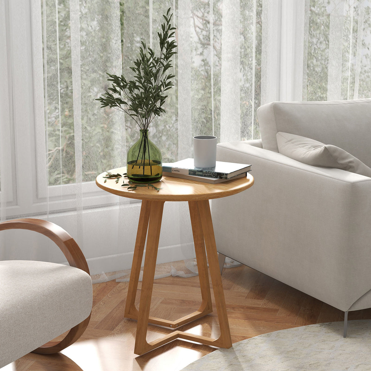 24 Inch Round End Table with Adjustable Foot Pads Natural-End & Side Tables-DECOROLALA