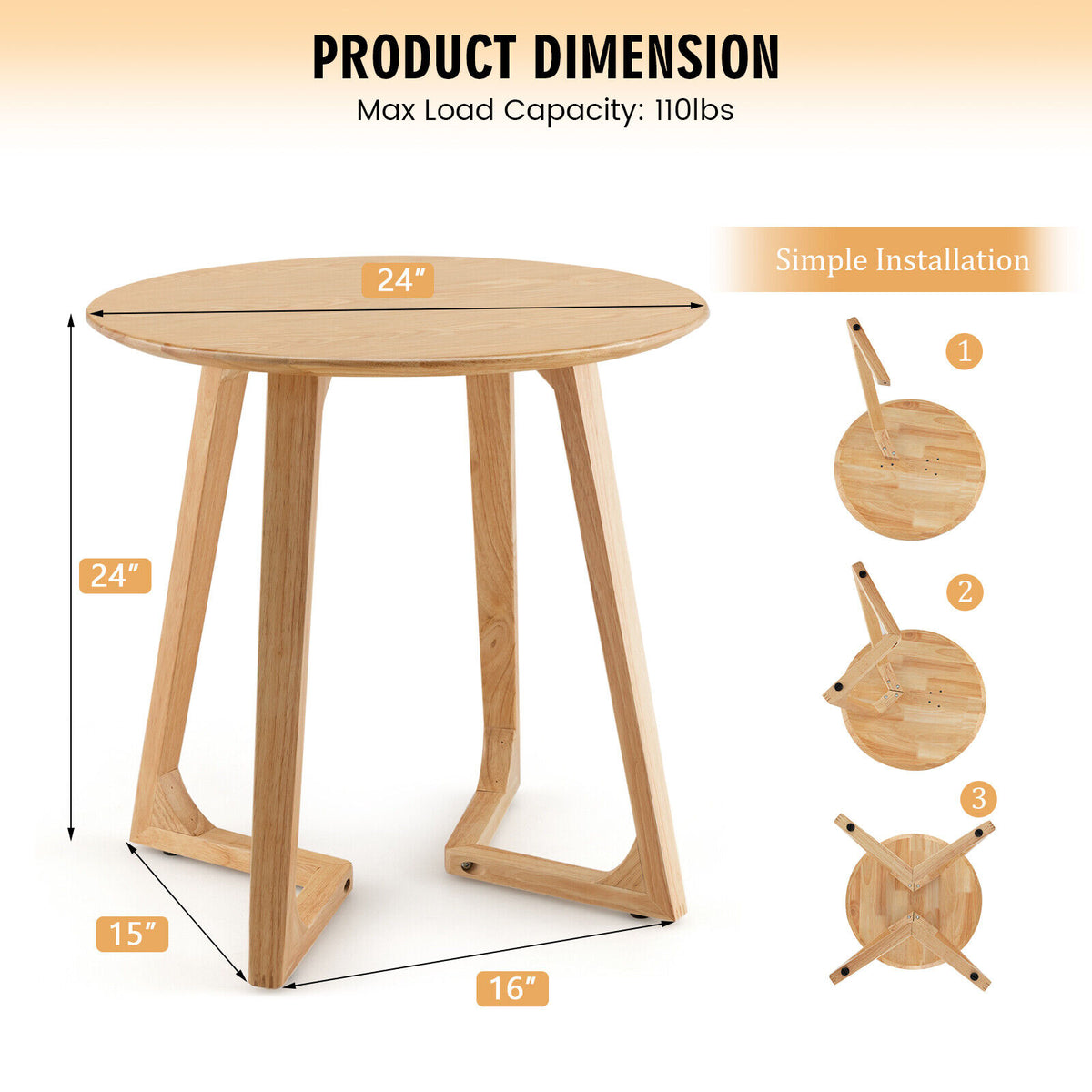 24 Inch Round End Table with Adjustable Foot Pads Natural-End & Side Tables-DECOROLALA