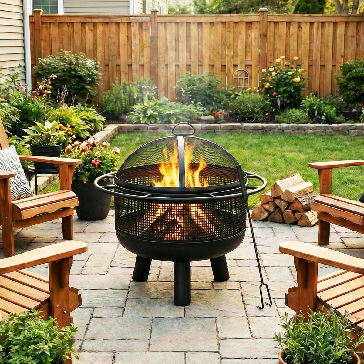 24 Inch Wood Burning Fire Pit with Log Grate and Mesh Screen for Outside-Fire Pits-DECOROLALA