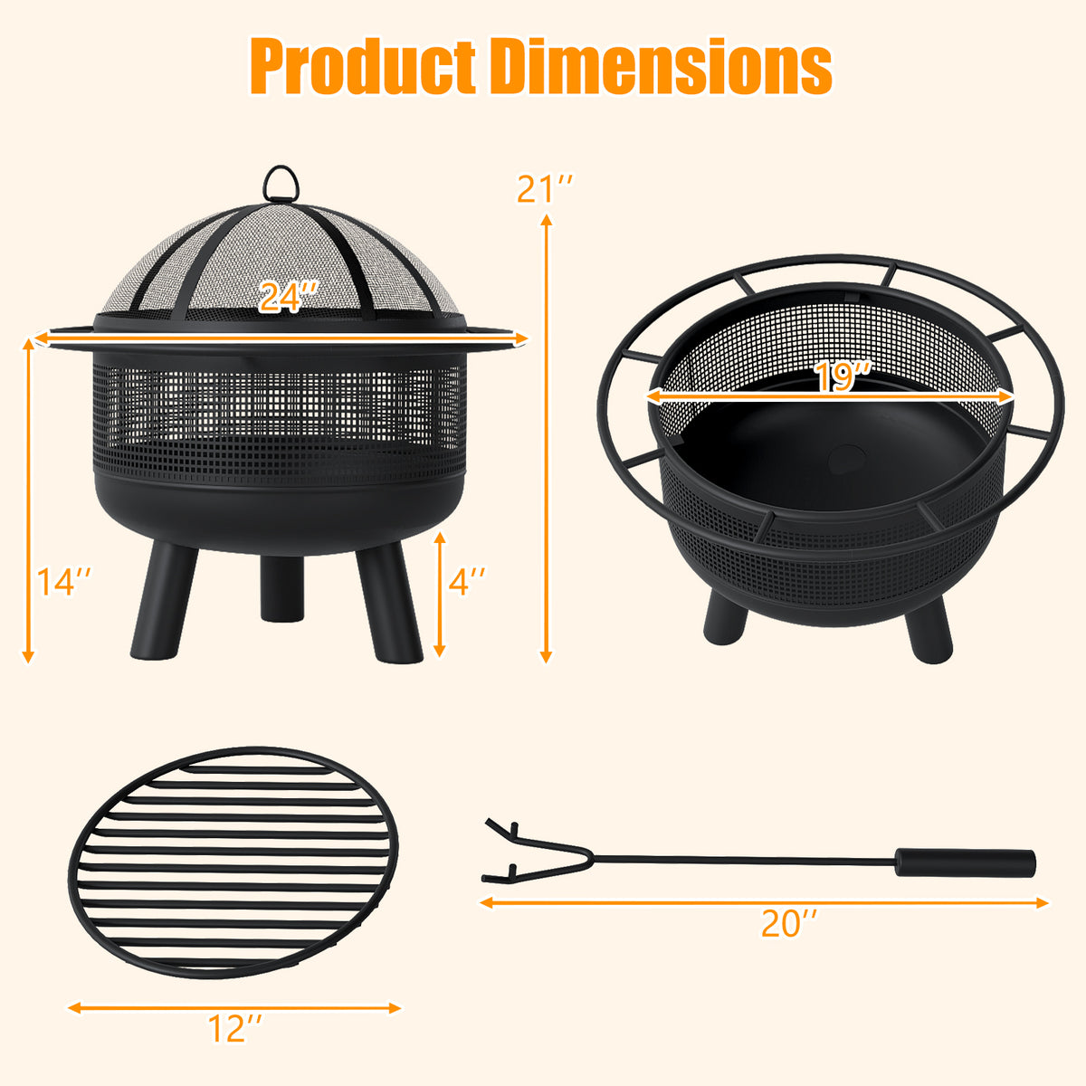24 Inch Wood Burning Fire Pit with Log Grate and Mesh Screen for Outside-Fire Pits-DECOROLALA