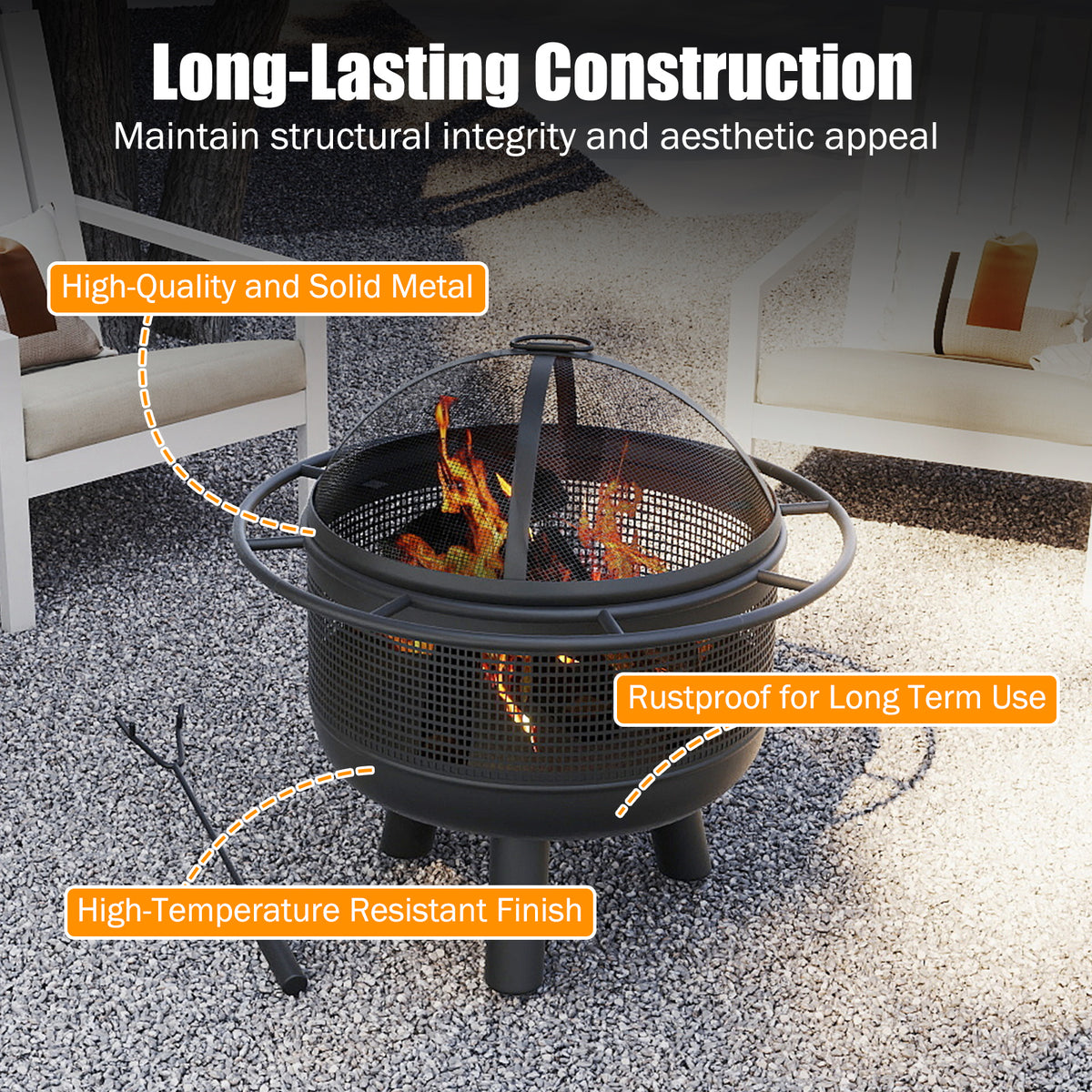 24 Inch Wood Burning Fire Pit with Log Grate and Mesh Screen for Outside-Fire Pits-DECOROLALA