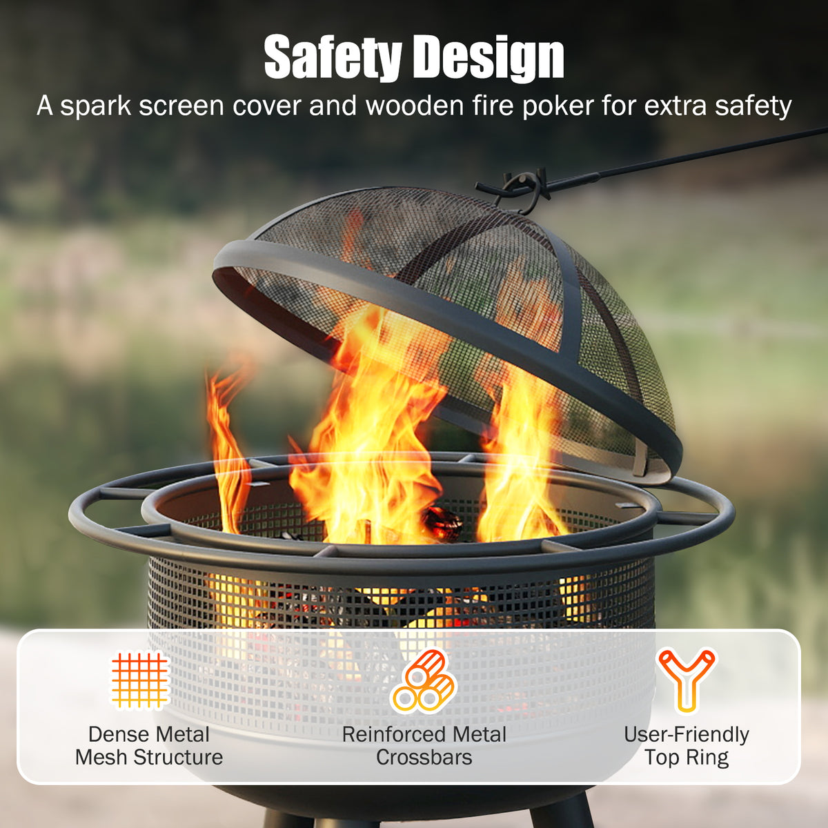 24 Inch Wood Burning Fire Pit with Log Grate and Mesh Screen for Outside-Fire Pits-DECOROLALA