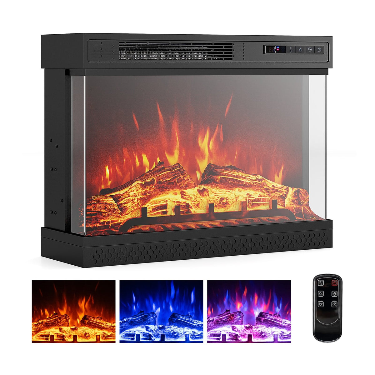 24 Inches 3-Sided Glass Electric Fireplace Heater with Remote Control-Fireplaces-DECOROLALA