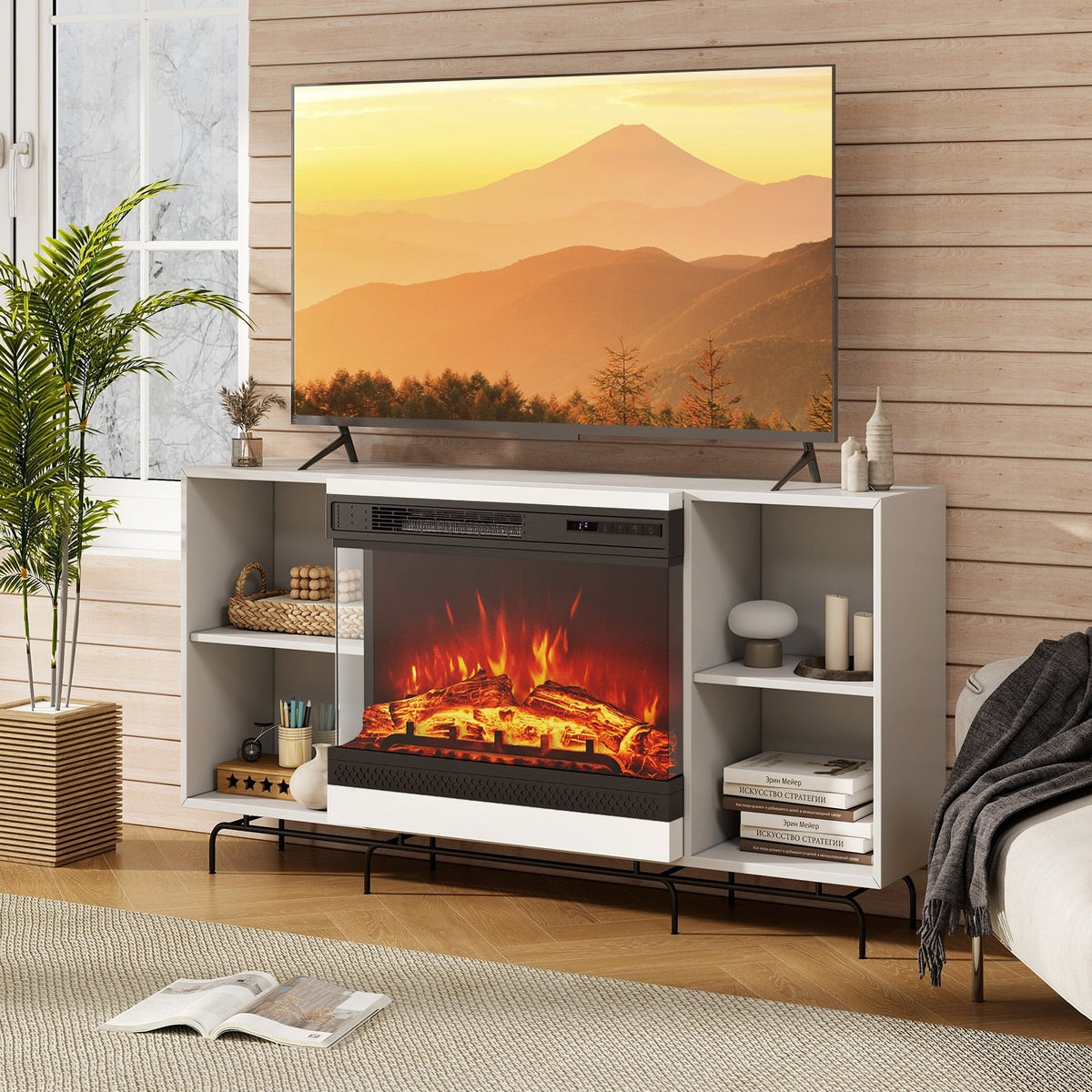 24 Inches 3-Sided Glass Electric Fireplace Heater with Remote Control-Fireplaces-DECOROLALA