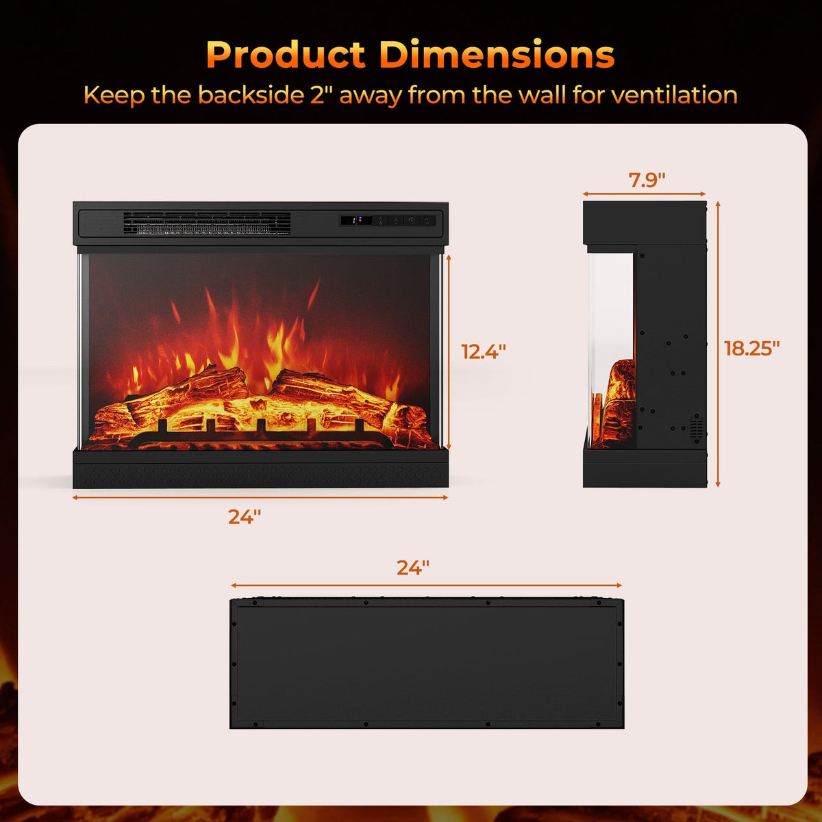 24 Inches 3-Sided Glass Electric Fireplace Heater with Remote Control-Fireplaces-DECOROLALA