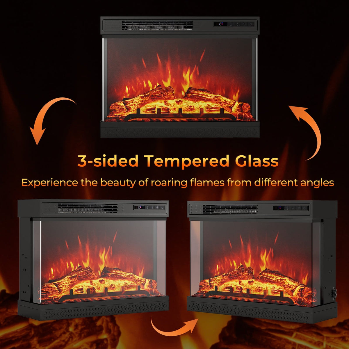 24 Inches 3-Sided Glass Electric Fireplace Heater with Remote Control-Fireplaces-DECOROLALA