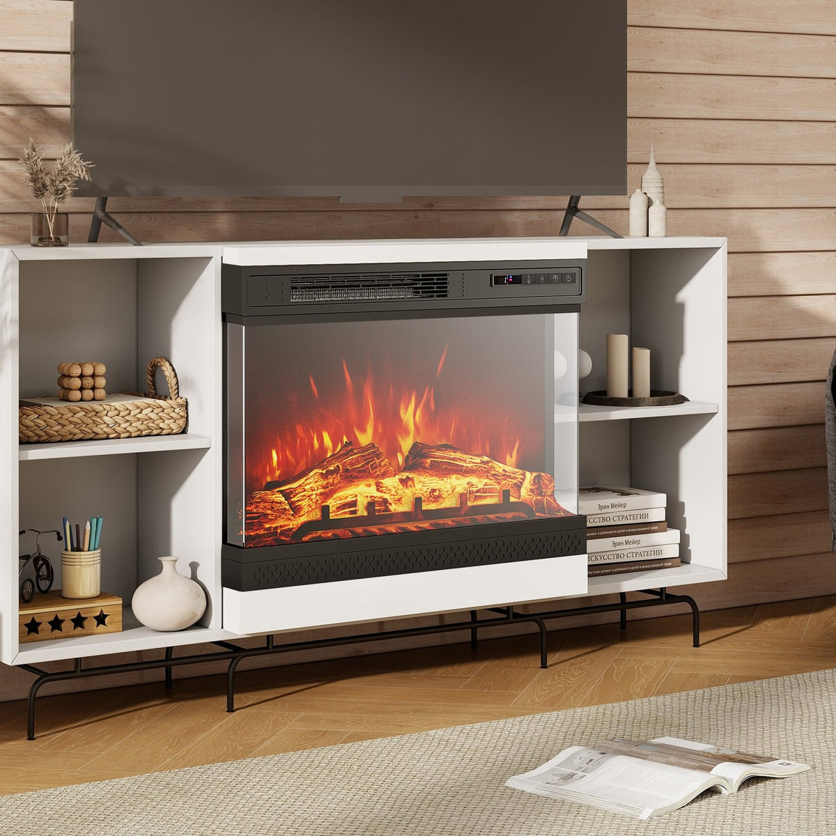 24 Inches 3-Sided Glass Electric Fireplace Heater with Remote Control-Fireplaces-DECOROLALA