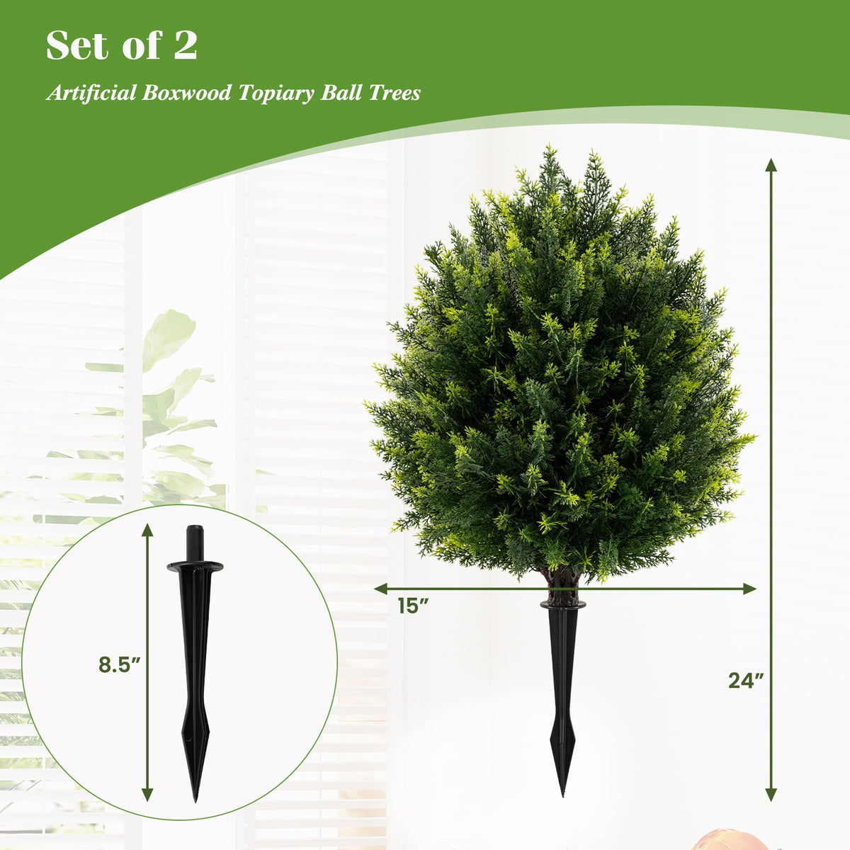 24 Inches Artificial Cypress Topiary Ball Tree Set with Ground Spike-Green-Artificial Plants-DECOROLALA