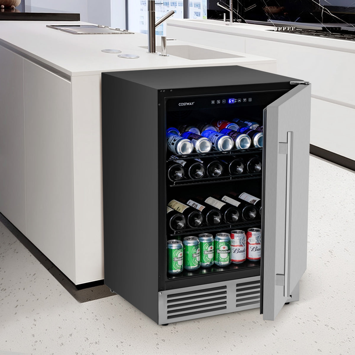 24 Inches Beverage Refrigerator with Removable Shelves and Adjustable Temperature-Silver-Wine & Beverage Coolers-DECOROLALA