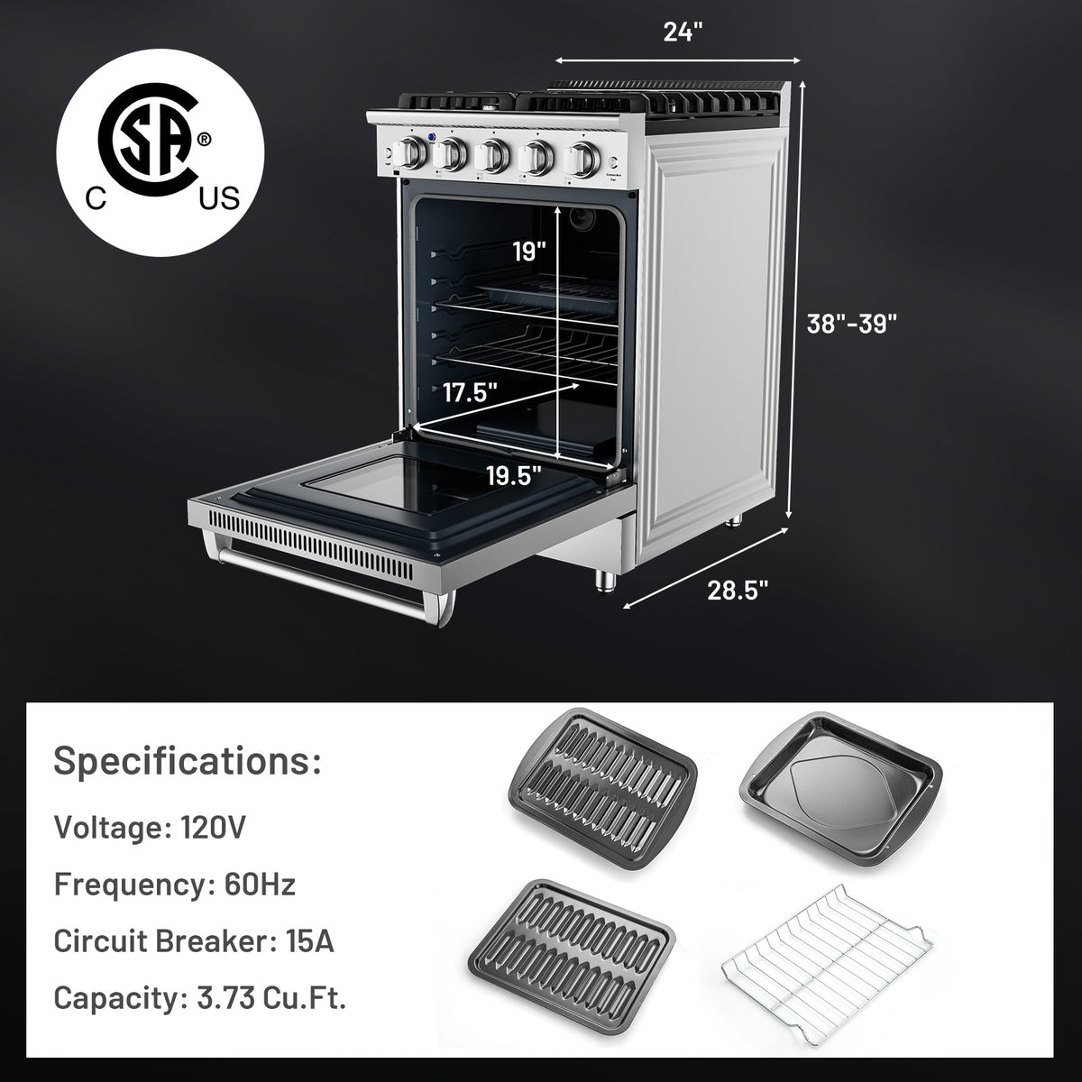 24 Inches Freestanding Natural Gas Range with 4 Burners Cooktop-Food Warmers & Burners-DECOROLALA