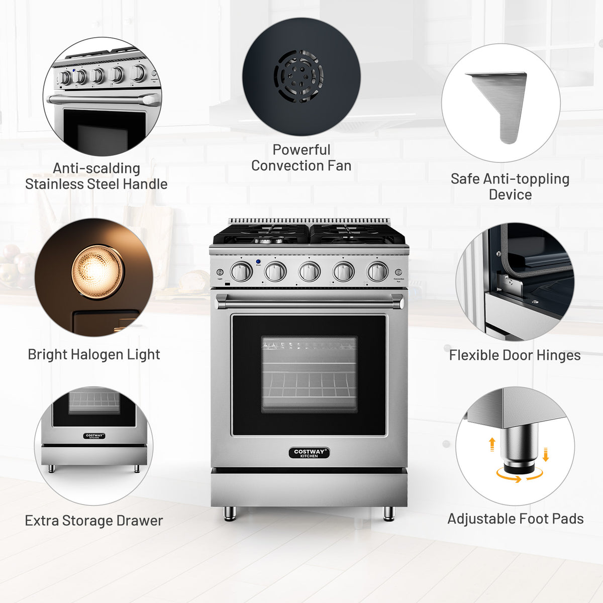 24 Inches Freestanding Natural Gas Range with 4 Burners Cooktop-Food Warmers & Burners-DECOROLALA