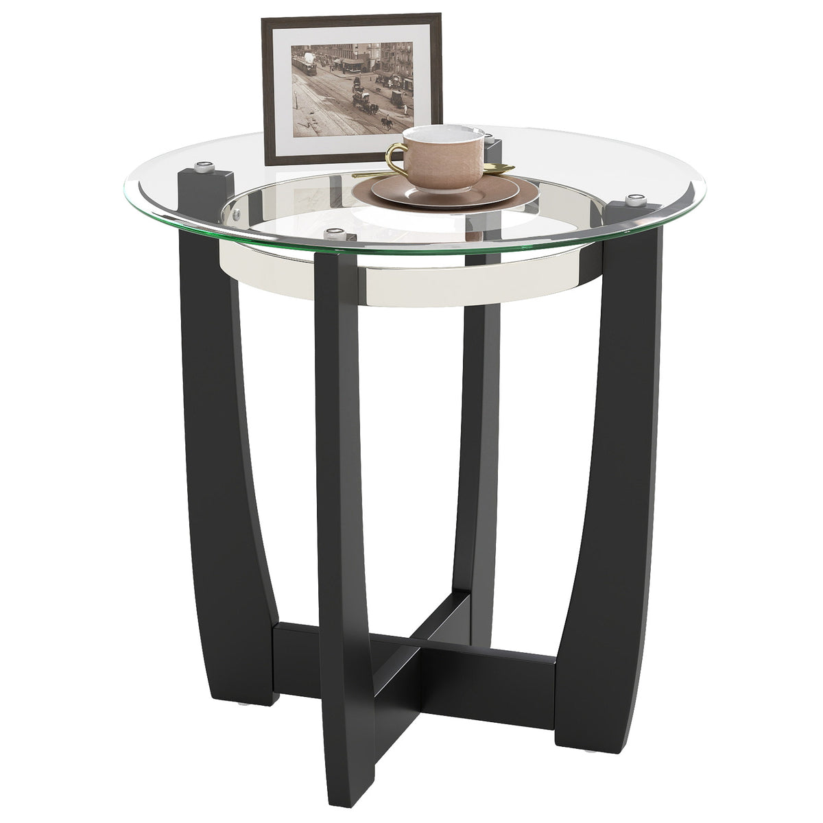 24 Inches Round Side Table with Tempered Glass Top and Solid Rubber Wood Base-Black-End & Side Tables-DECOROLALA
